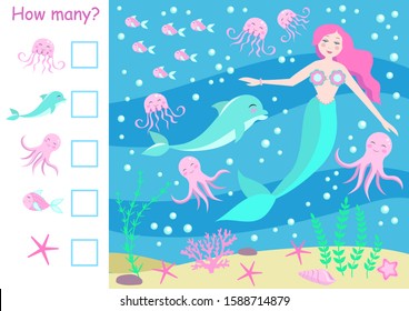 How many counting game, mermaid and undersea world for kids, educational maths task for the development of logical thinking, preschool worksheet activity, count and write the result. eps10