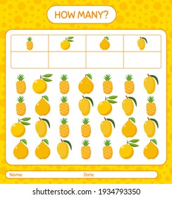 How many counting game nance, pineapple, quince, ugli. worksheet for preschool kids, kids activity sheet, printable worksheet