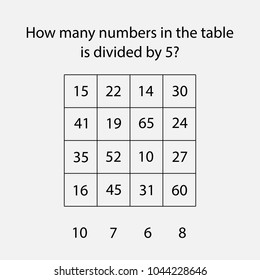 How many counting game with numbers divided by 5 for kids, educational maths task for the development of logical thinking, preschool worksheet activity, count and choose the answer,vector illustration