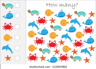 How many counting game with ocean animals for kids, educational maths task for the development of logical thinking, preschool worksheet activity, count  and write the result, vector illustration