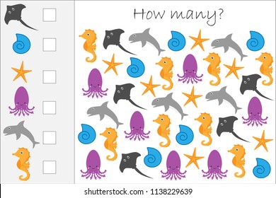 How many counting game with ocean animals for kids, educational maths task for the development of logical thinking, preschool worksheet activity, count  and write the result, vector illustration