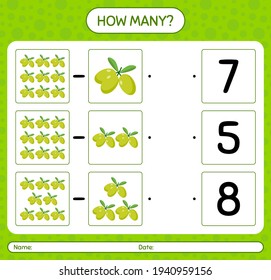 How many counting game with olive worksheet for preschool kids, kids activity sheet, printable worksheet