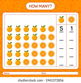How many counting game with orange worksheet for preschool kids, kids activity sheet, printable worksheet