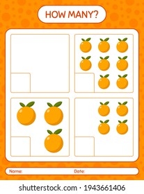 How many counting game with orange worksheet for preschool kids, kids activity sheet, printable worksheet