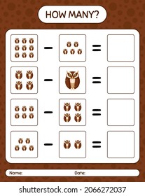 Wie viele zählen Spiel mit Eule. Arbeitsblatt für Vorschulkinder, Kinderaktivität
