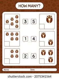 How many counting game with owl. worksheet for preschool kids, kids activity sheet