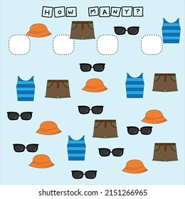Cuántos juegos de conteo con panama, pantalones cortos, gafas de sol, camiseta. Hoja de trabajo para niños de preescolar, hoja de actividades para niños, hoja de trabajo imprimible