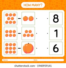 How many counting game with peach worksheet for preschool kids, kids activity sheet, printable worksheet