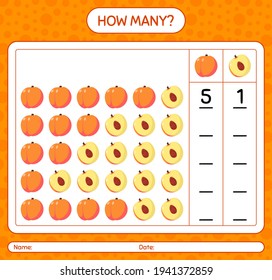 How many counting game with peach worksheet for preschool kids, kids activity sheet, printable worksheet