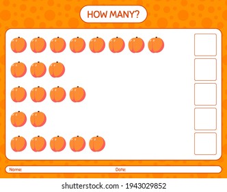 How many counting game with peach worksheet for preschool kids, kids activity sheet, printable worksheet