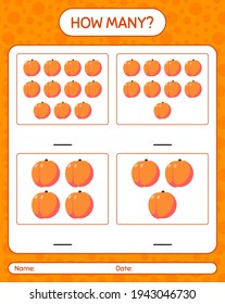 How many counting game with peach worksheet for preschool kids, kids activity sheet, printable worksheet