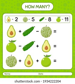 How many counting game pear, quenepa, watermelon, cucumber, avocado. worksheet for preschool kids, kids activity sheet, printable worksheet