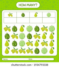 How many counting game pear, quenepa, watermelon, cucumber. worksheet for preschool kids, kids activity sheet, printable worksheet