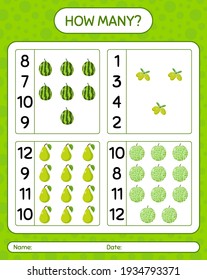 How many counting game pear, quenepa, watermelon. worksheet for preschool kids, kids activity sheet, printable worksheet