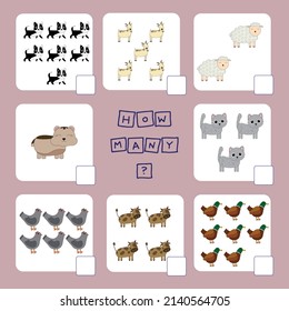 How many counting game with pets . Preschool worksheet, kids activity sheet, printable worksheet
