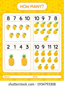 How many counting game pineapple, quince, ugli. worksheet for preschool kids, kids activity sheet, printable worksheet