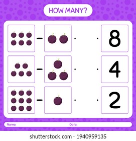 How many counting game with plum worksheet for preschool kids, kids activity sheet, printable worksheet