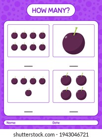 How many counting game with plum worksheet for preschool kids, kids activity sheet, printable worksheet