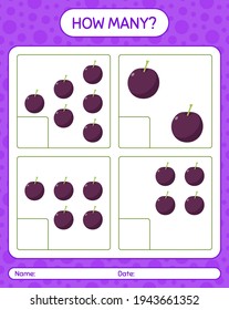 How many counting game with plum worksheet for preschool kids, kids activity sheet, printable worksheet