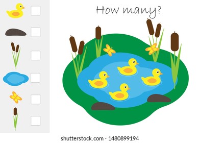 How many counting game, pond with ducks for kids, educational maths task for the development of logical thinking, preschool worksheet activity, count and write the result, vector illustration