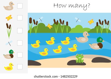 How many counting game, pond with ducks for kids, educational maths task for the development of logical thinking, preschool worksheet activity, count and write the result, vector illustration