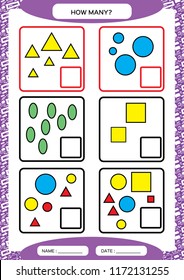 How Many Counting Game for Preschool Children. Educational math game. Count the shapes s in the picture and write the result.