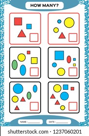 How Many. Counting Game for Preschool Children. Educational math game. Count the shapes in the picture and write the result. blue.