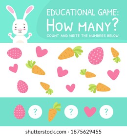 How Many Counting Game for Preschool Children, Educational Mathematical Game, Count and Write Numbers Below Cartoon Vector Illustration