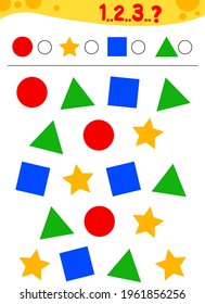 How many counting game. Counting Game for Preschool Children. Educational a mathematical game. Count how many circles, squares, triangles, stars and write down your answer. Geometric figures.