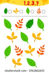 How many counting game. Counting Game for Preschool Children. Educational a mathematical game. Count how many different leaves and write down the answer. Ikebana. 