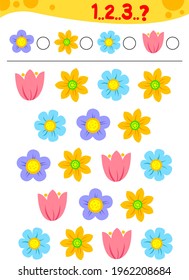 How many counting game. Counting Game for Preschool Children. Educational a mathematical game. Count how many pink flowers, yellow flowers, blue flowers, purple flowers and write down your answer. 
