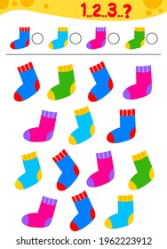 Cuántos juegos de conteo. Juego de conteo para niños de preescolar. Un juego matemático educativo. Cuente cuántos calcetines multicolores y anote su respuesta. Calcetines. 