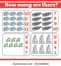 Wie viele gibt es? Counting Game für Vorschulkinder. Zähle, wie viele pädagogische Spiele ein mathematisches Spiel sind! 