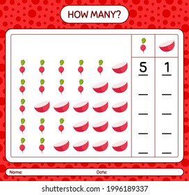 How many counting game with radish. worksheet for preschool kids, kids activity sheet, printable worksheet