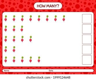 How many counting game with radish. worksheet for preschool kids, kids activity sheet, printable worksheet
