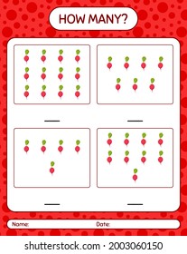 How many counting game with radish. worksheet for preschool kids, kids activity sheet, printable worksheet