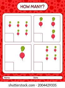 How many counting game with radish. worksheet for preschool kids, kids activity sheet, printable worksheet