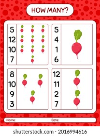 How many counting game with radish. worksheet for preschool kids, kids activity sheet, printable worksheet