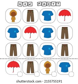 How many counting game with  raincoat, umbrella, pants, t-shirt. Preschool worksheet, kids activity sheet, printable worksheet

