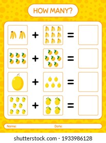 How many counting game with rbanana, eggfruit, honeydew melon. worksheet for preschool kids, kids activity sheet, printable worksheet