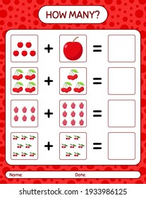 How many counting game with redberry, rose apple, strawberry. worksheet for preschool kids, kids activity sheet, printable worksheet