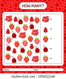 How many counting game redberry, rose apple, strawberry, ugni, strawberry. worksheet for preschool kids, kids activity sheet, printable worksheet
