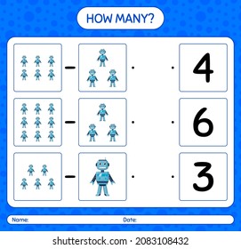 How many counting game with robot toy. worksheet for preschool kids, kids activity sheet