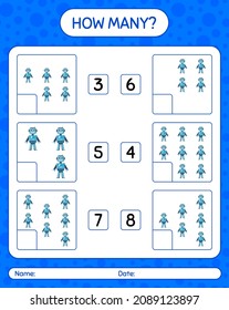 Wie viele zählen Spiel mit Roboterspielzeug. Arbeitsblatt für Vorschulkinder, Kinderaktivität