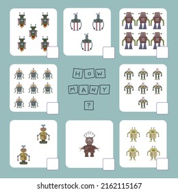 How many counting game with robots. Worksheet for preschool kids, kids activity sheet, printable worksheet