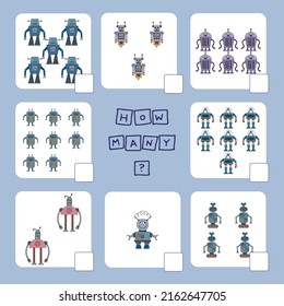 ¿Cuántos juegos de conteo con robots? Hoja de trabajo para niños de preescolar, hoja de actividades para niños, hoja de trabajo imprimible