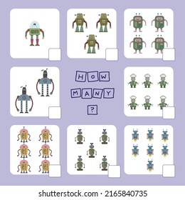 ¿Cuántos juegos de conteo con robots? Hoja de trabajo para niños de preescolar, hoja de actividades para niños, hoja de trabajo imprimible