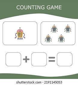 How many counting game with robots. Worksheet for preschool kids, kids activity sheet, printable worksheet