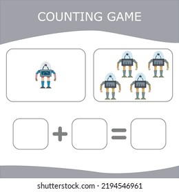 How many counting game with robots. Worksheet for preschool kids, kids activity sheet, printable worksheet