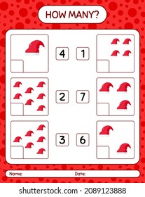 Wie viele zählen Spiel mit Santa-Hut. Arbeitsblatt für Vorschulkinder, Kinderaktivität